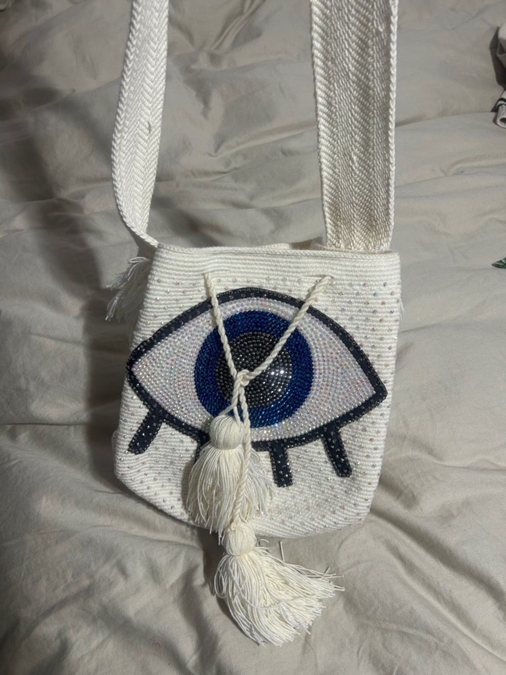 White Beaded Eye Crossbody Bag with Tassel